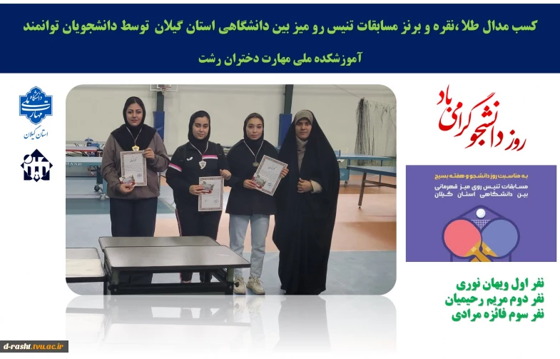 کسب مدال طلا ،نقره و برنز انفرادی  مسابقات تنیس روی میز دانشگاه‌های استان گیلان در دستان دانشجویان توانمند  آموزشکده  ملی مهارت دختران رشت